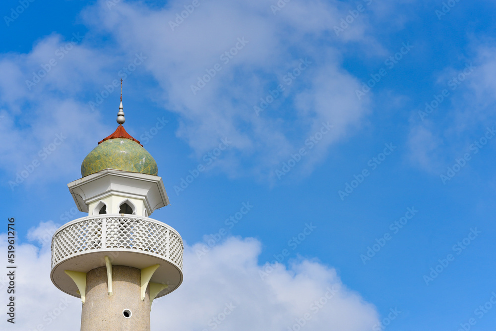 mosque dome on blue sky background and soft white cloud with free space for text information.symbol of islamic religion,concept for Ramadan, Eid al Fitr, eid ad-ha, meditation, islamic praying