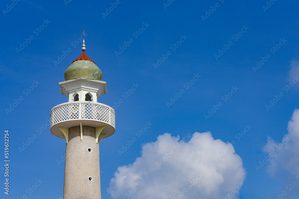 mosque dome on blue sky background and soft white cloud with free space for text information.symbol of islamic religion,concept for Ramadan, Eid al Fitr, eid ad-ha, meditation, islamic praying