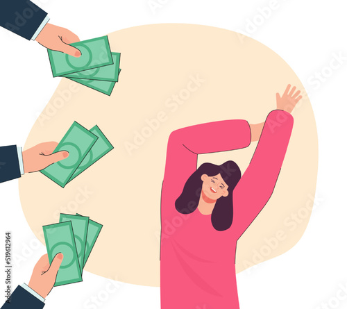 Happy girl surrounded by hands with money. Woman being happy about finance, earnings or wage flat vector illustration. Success, currency concept for banner, website design or landing web page
