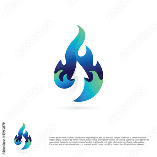 blue fire logo with arrow sign in negative space, flame logo