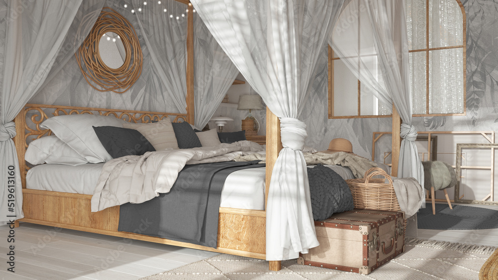 Bedroom close up with canopy bed in white and gray tones. Natural wallpaper, blankets, duvet and pillows. Bohemian rattan and wooden furniture. Boho style interior design Bedroom close up with canopy bed in white and gray tones. Natural wallpaper, blankets, duvet and pillows. Bohemian rattan and wooden furniture. Boho style interior design