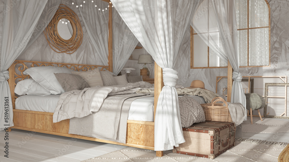 Bedroom close up with canopy bed in white and beige tones. Natural wallpaper, blankets, duvet and pillows. Bohemian rattan and wooden furniture. Boho style interior design Bedroom close up with canopy bed in white and beige tones. Natural wallpaper, blankets, duvet and pillows. Bohemian rattan and wooden furniture. Boho style interior design