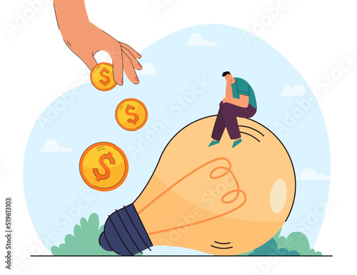 Sad tiny man sitting on huge lightbulb flat vector illustration. Hand throwing gold coins. Innovation, creative idea, brainstorming, startup concept for banner, website design or landing web page
