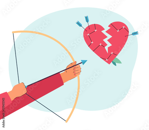 Man aiming arrow at broken heart flat vector illustration. Divorce, separation, romance, unrequited love, conflict, relationship concept for banner, website design or landing web page
