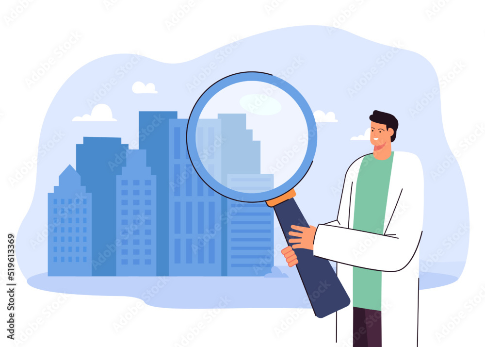 Man looking at building through magnifier. Person looking for apartment or house flat vector illustration. Real estate, investigation, research concept for banner, website design or landing web page Man looking at building through magnifier. Person looking for apartment or house flat vector illustration. Real estate, investigation, research concept for banner, website design or landing web page