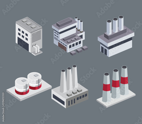 six isometric industrial buildings