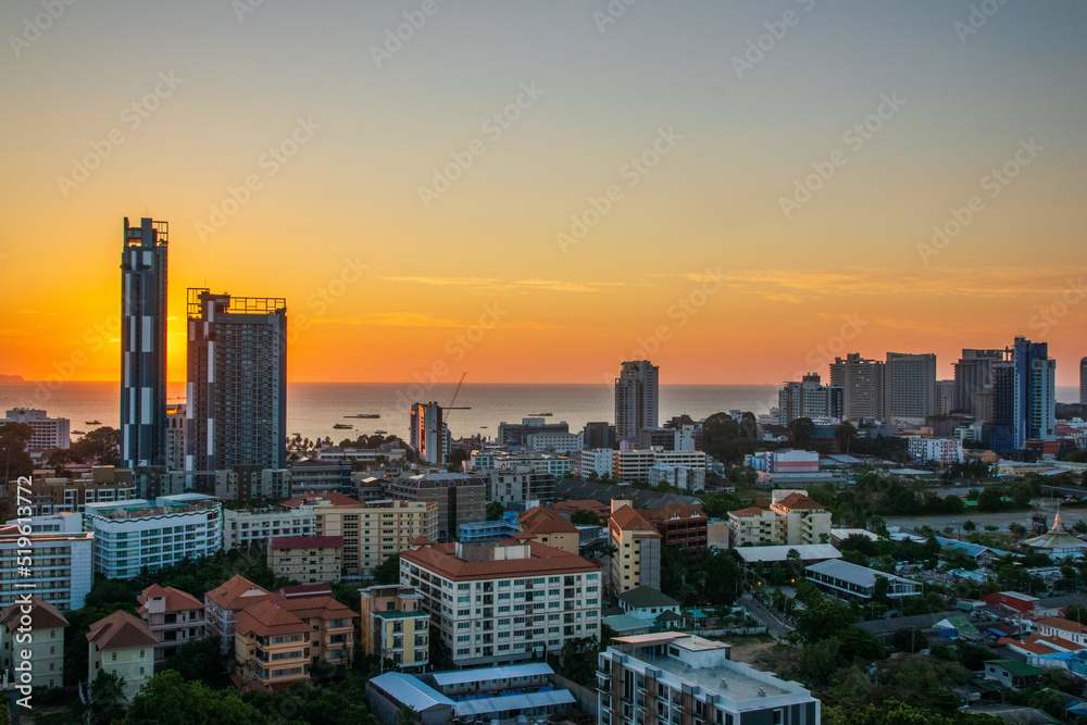 Fototapeta premium The Cityscape and the buildings of Pattaya District Chonburi Thailand Southeast Asia during the sunset time