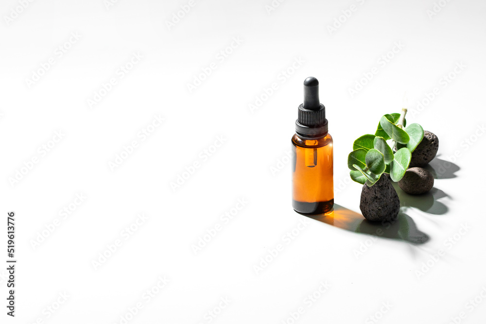 Brown glass dropper bottle with moisturizing serum on white isolated background witrh natural stones and green plant. Natural cosmetic concept. . Brown glass dropper bottle with moisturizing serum on white isolated background witrh natural stones and green plant. Natural cosmetic concept. .