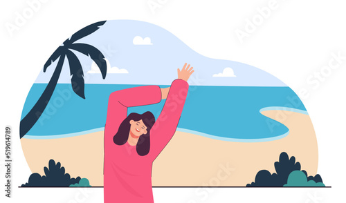 Happy girl in background of seaside flat vector illustration. Woman spending vacation at beach, rejoicing and enjoying holiday. Summer, relax concept for banner, website design or landing web page