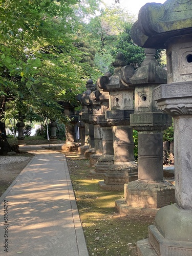 Stone lanterns at entrance of Japanese shrine, Ueno Toshogu shrine, built in 1627.  