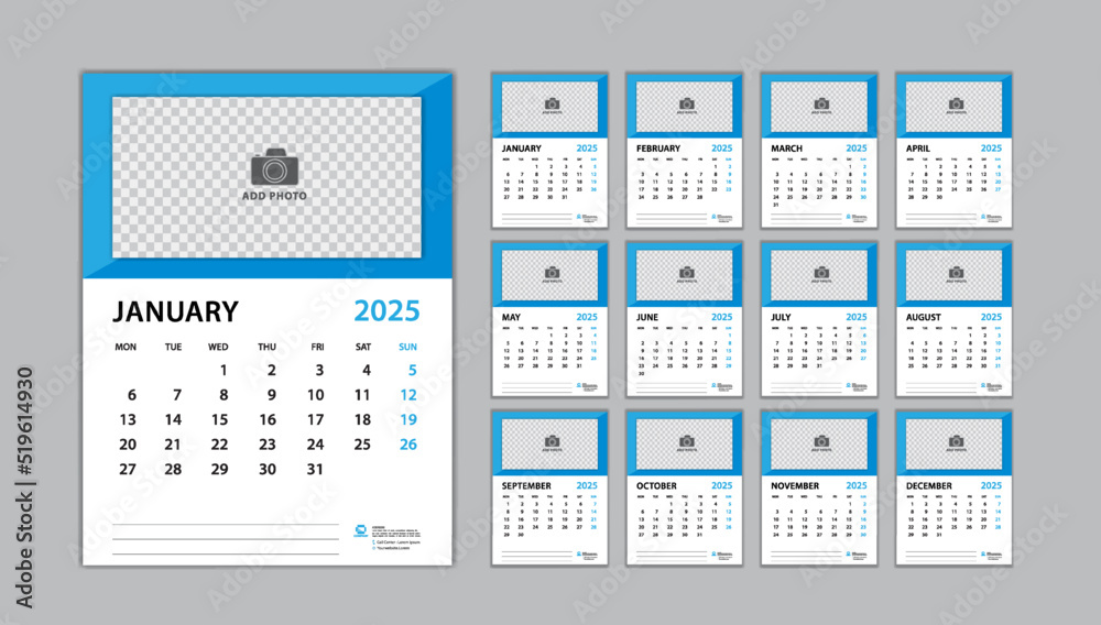 calendar 2025 template set on blue background, Desk calendar 2025 design, planner design, wall calendar template, Set of 12 Months, Week Starts on Monday, Poster, Yearly organizer, Stationery, vector calendar 2025 template set on blue background, Desk calendar 2025 design, planner design, wall calendar template, Set of 12 Months, Week Starts on Monday, Poster, Yearly organizer, Stationery, vector