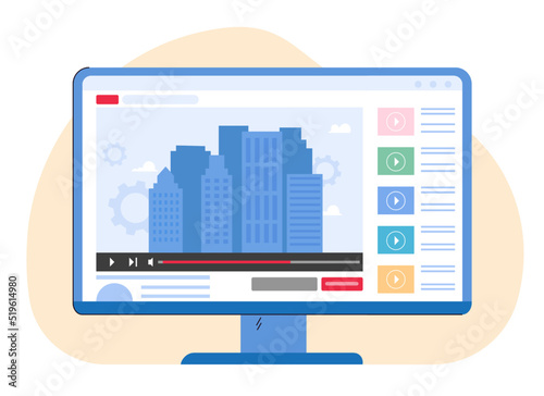 City downtown on computer screen flat vector illustration. People watching videos on internet. Connection, media, multimedia concept for banner, website design or landing web page