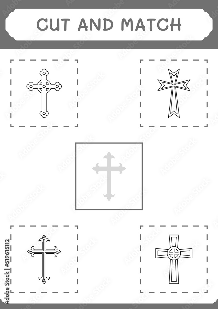 Cut and match parts of Christian cross, game for children. Vector illustration, printable worksheet Cut and match parts of Christian cross, game for children. Vector illustration, printable worksheet
