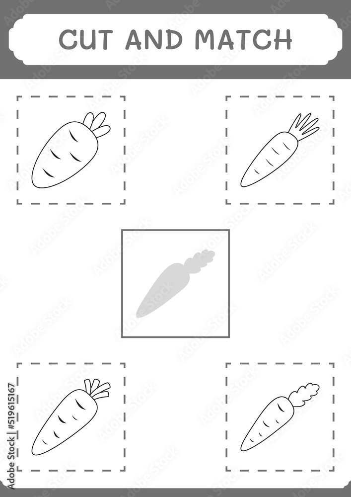 Cut and match parts of Carrot, game for children. Vector illustration, printable worksheet