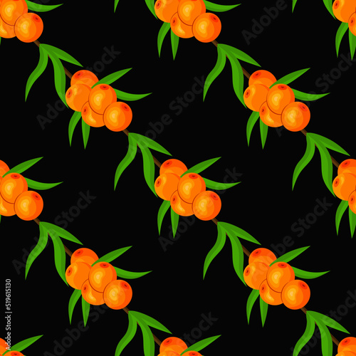Beautiful seamless pattern with sea buckthorn berries. Vector illustration.