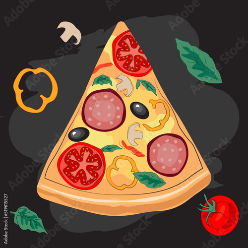 Pizza piece tomatoes sausage basil  boletus pepper food order