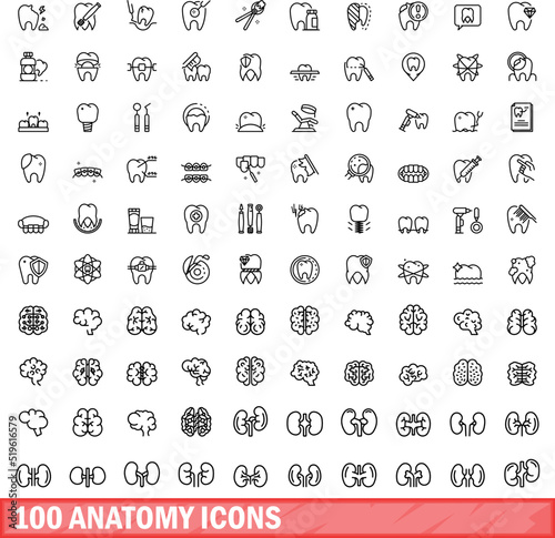 100 anatomy icons set. Outline illustration of 100 anatomy icons vector set isolated on white background