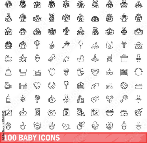 100 baby icons set. Outline illustration of 100 baby icons vector set isolated on white background