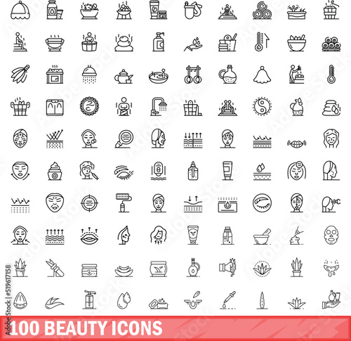 100 beauty icons set. Outline illustration of 100 beauty icons vector set isolated on white background