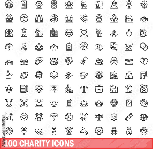 100 charity icons set. Outline illustration of 100 charity icons vector set isolated on white background