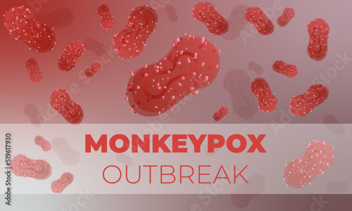Vector illustration of Monkeypox virus cells outbreak medical banner. Monkeypox virus cells on blurred background. Monkey pox microbiological vector background, banner, flyer, poster or news