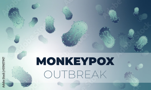 Vector illustration of Monkeypox virus cells outbreak medical banner. Monkeypox virus cells on blurred background. Monkey pox microbiological vector background, flyer, poster or news