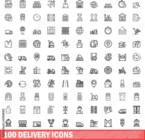 100 delivery icons set. Outline illustration of 100 delivery icons vector set isolated on white background