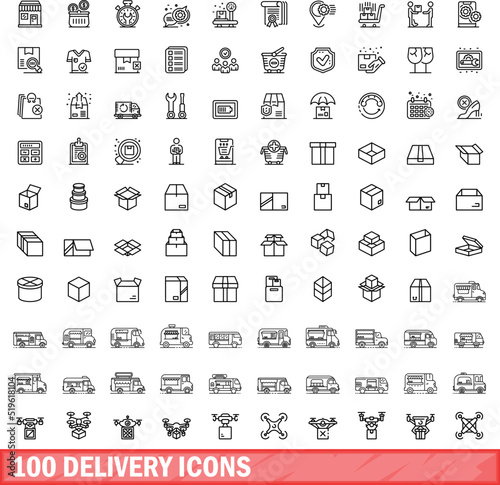 100 delivery icons set. Outline illustration of 100 delivery icons vector set isolated on white background