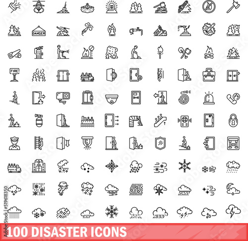100 disaster icons set. Outline illustration of 100 disaster icons vector set isolated on white background