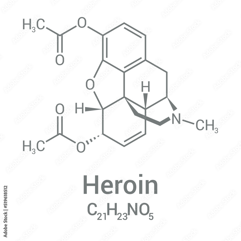 chemical structure of Heroin or diacetylmorphine or diamorphine (C21H23NO5) chemical structure of Heroin or diacetylmorphine or diamorphine (C21H23NO5)