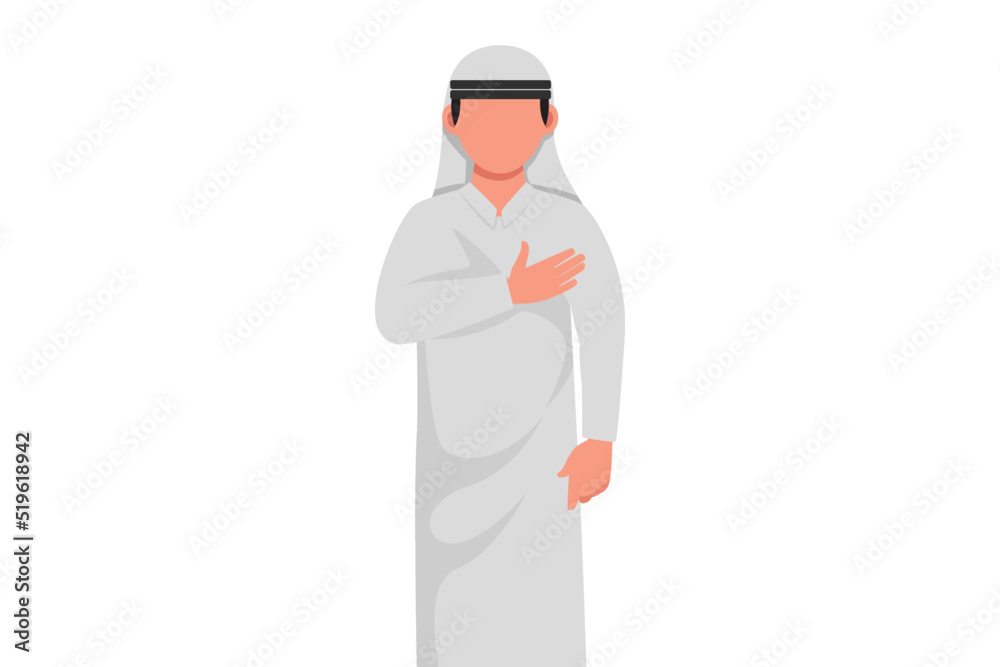 Business flat drawing young Arabian businessman keeping hands on chest. Smiling friendly male expressing gratitude. Emotion and body language concept. Cartoon style graphic design vector illustration Business flat drawing young Arabian businessman keeping hands on chest. Smiling friendly male expressing gratitude. Emotion and body language concept. Cartoon style graphic design vector illustration