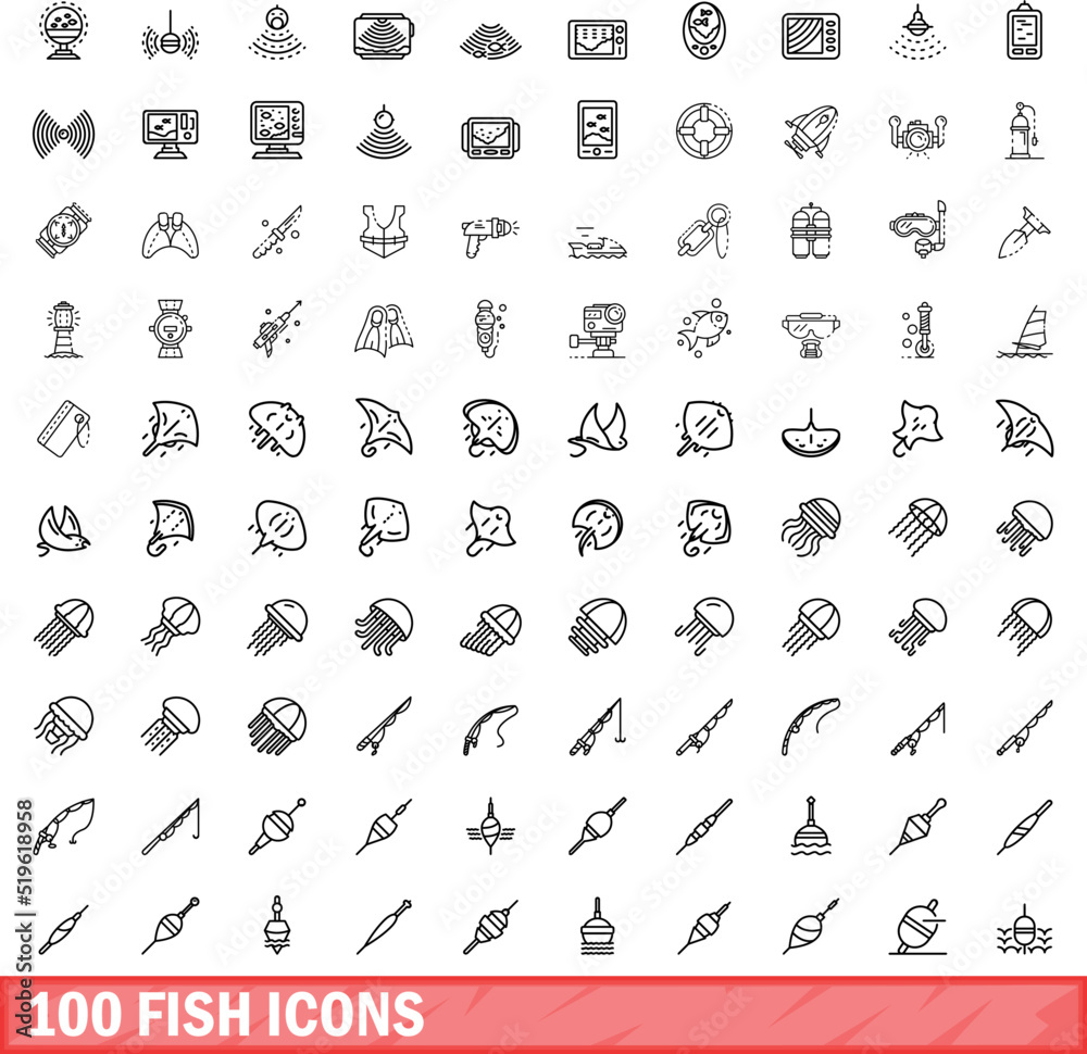 100 fish icons set. Outline illustration of 100 fish icons vector set ...