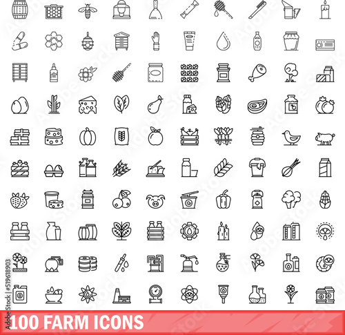 100 farm icons set. Outline illustration of 100 farm icons vector set isolated on white background