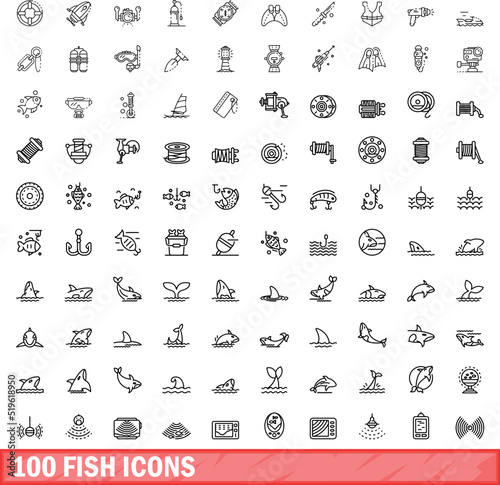 100 fish icons set. Outline illustration of 100 fish icons vector set isolated on white background
