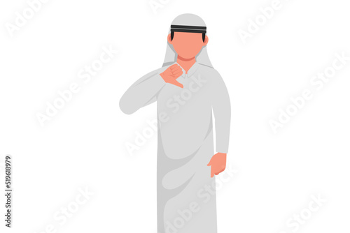 Business flat cartoon style drawing unhappy Arab businessman showing thumbs down sign gesture. Dislike, disagree, disappointment, disapprove, no deal. Body language. Graphic design vector illustration