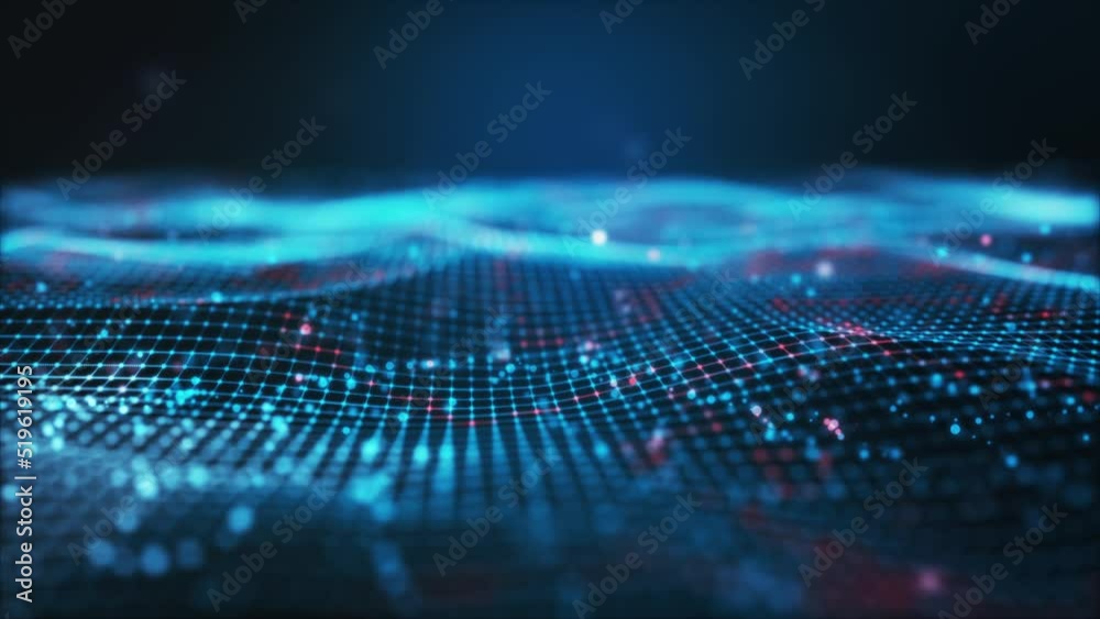Abstract digital blue particle wave and lights background ,Animation digital data cyber or technology background.