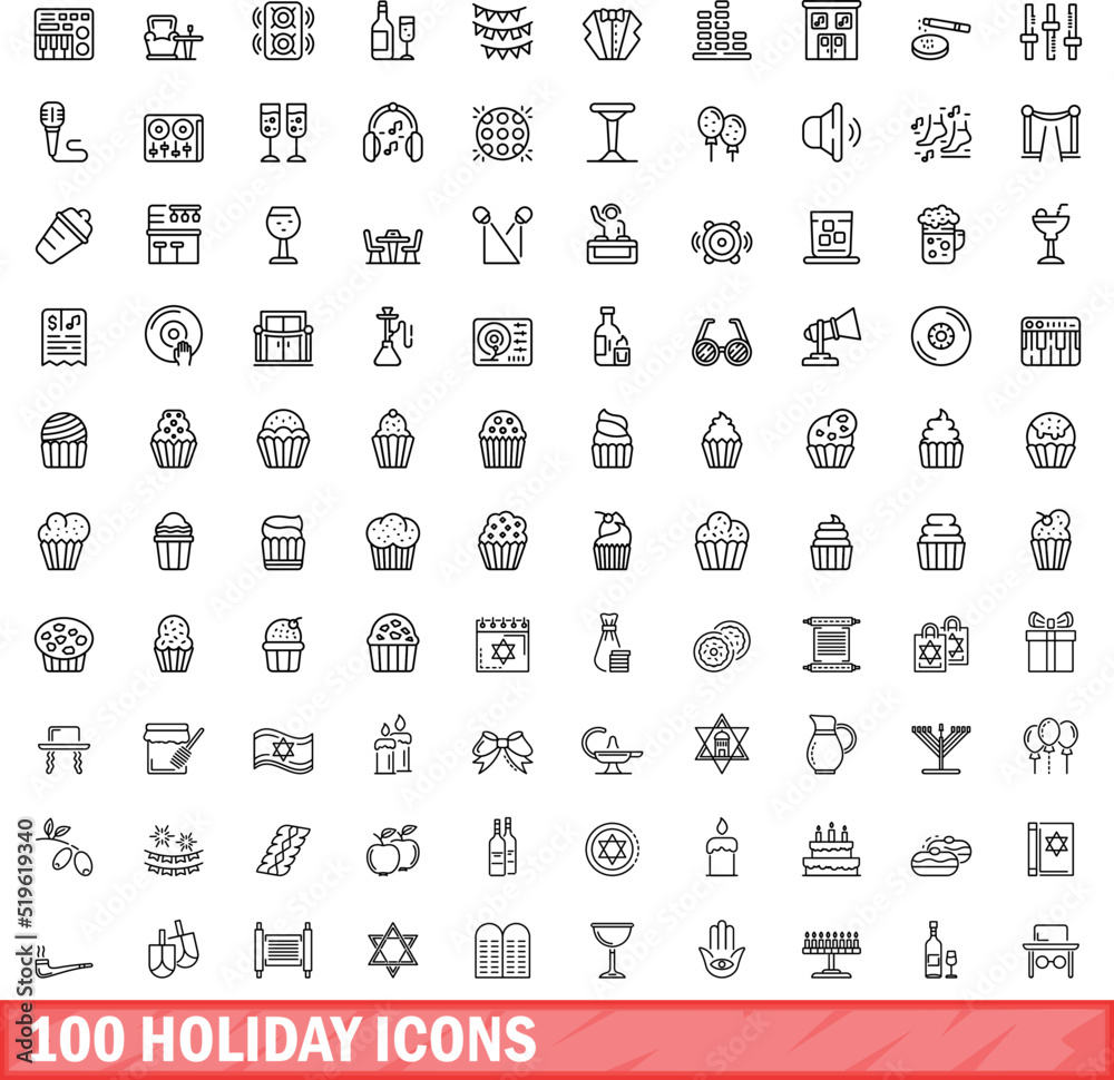 100 holiday icons set. Outline illustration of 100 holiday icons vector set isolated on white background 100 holiday icons set. Outline illustration of 100 holiday icons vector set isolated on white background