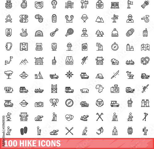 100 hike icons set. Outline illustration of 100 hike icons vector set isolated on white background