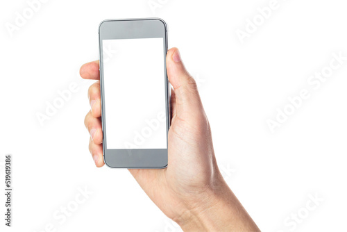 Hand holding black smartphone isolated on white background, clipping path