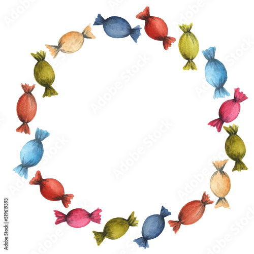 Round frame in the form of a wreath of chocolates in paper wrappers, isolated on a white background. Hand drawn watercolor illustration.