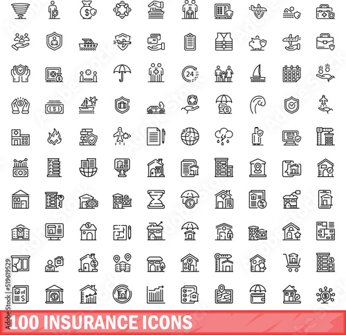 100 insurance icons set. Outline illustration of 100 insurance icons vector set isolated on white background