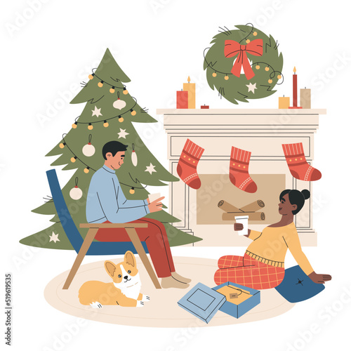 Family near the Christmas tree and fireplace and corgi dog. Pregnant woman and man to celebrate xmas or New Year. Hand drawn vector illustration isolated on white background. Flat cartoon style