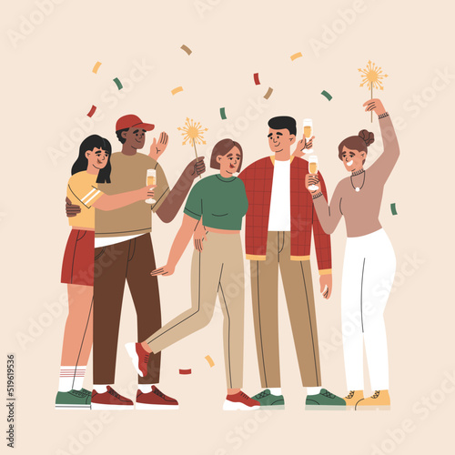 Group of happy guys and girls celebrating holiday with sparklers, confetti and drinks. Young peoples have fun together. Hand drawn vector illustration isolated on light background. Flat cartoon style