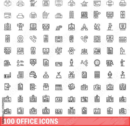 100 office icons set. Outline illustration of 100 office icons vector set isolated on white background