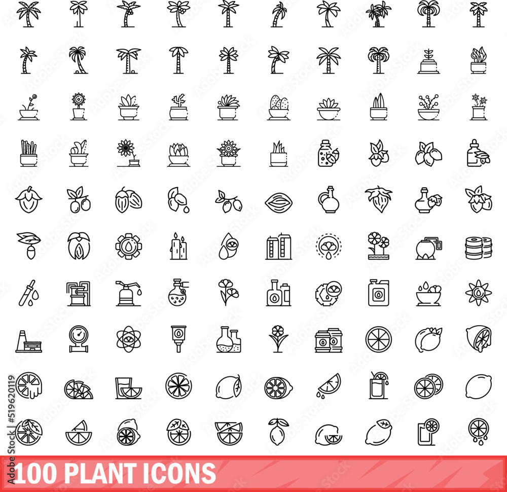 100 plant icons set. Outline illustration of 100 plant icons vector set isolated on white background 100 plant icons set. Outline illustration of 100 plant icons vector set isolated on white background