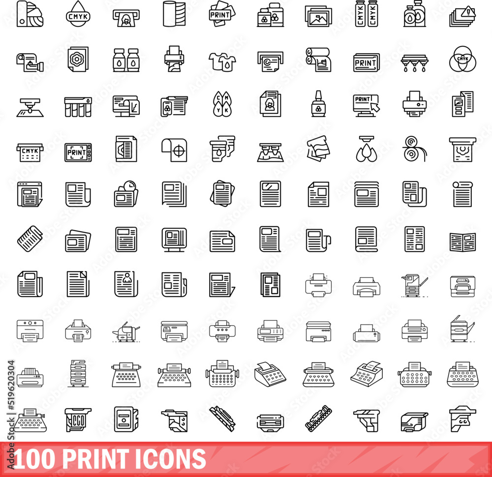 100 print icons set. Outline illustration of 100 print icons vector set isolated on white background