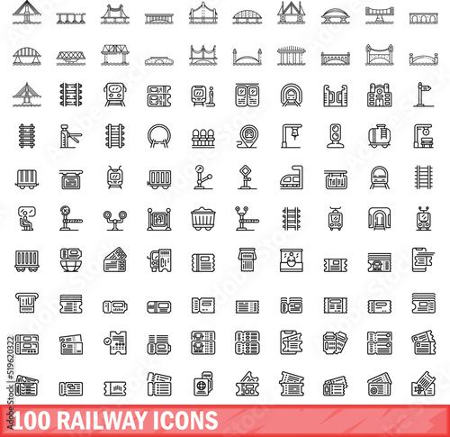 100 railway icons set. Outline illustration of 100 railway icons vector set isolated on white background