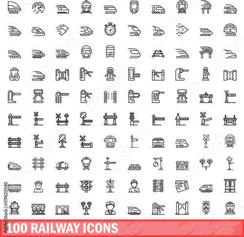 100 railway icons set. Outline illustration of 100 railway icons vector set isolated on white background