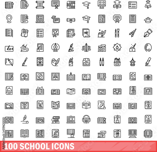 100 school icons set. Outline illustration of 100 school icons vector set isolated on white background