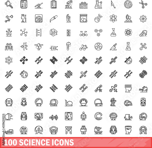 100 science icons set. Outline illustration of 100 science icons vector set isolated on white background